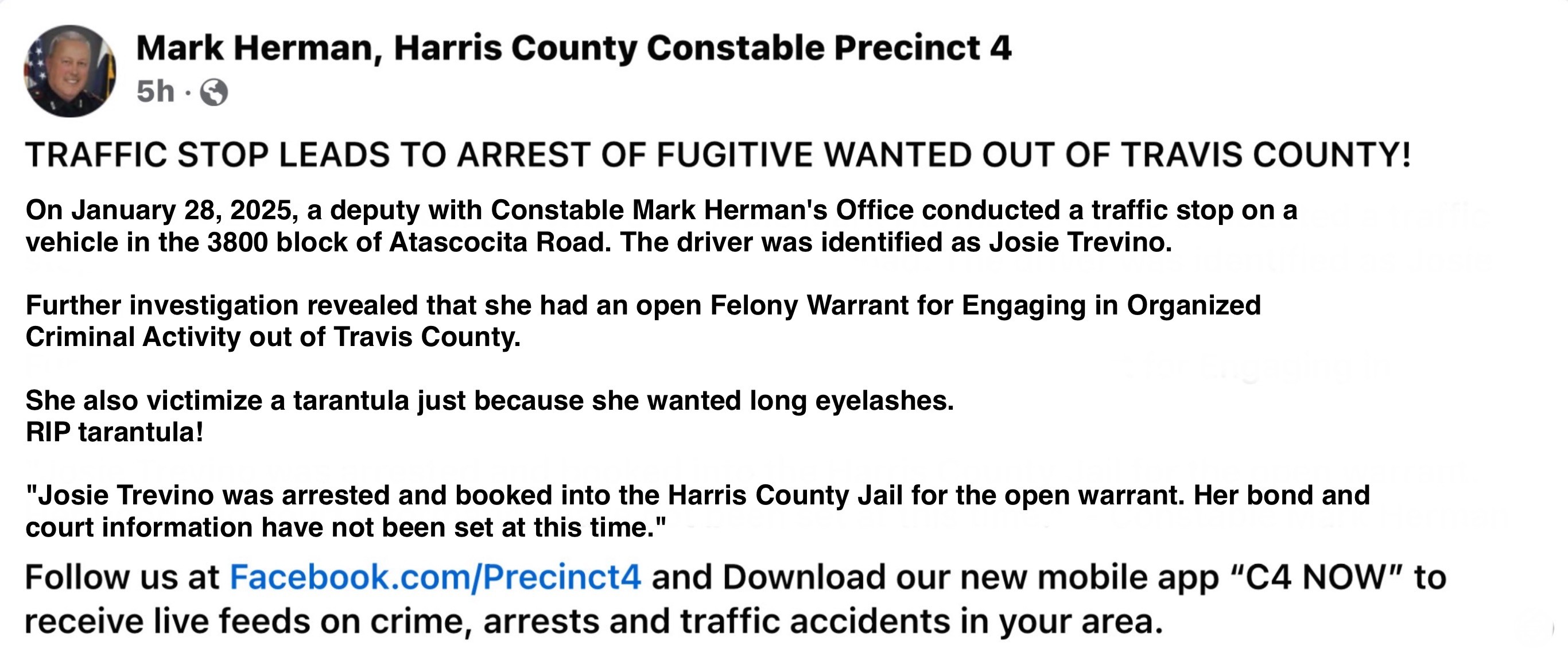 TRAFFIC STOP LEADS TO ARREST OF FUGITIVE WANTED OUT OF TRAVIS CO