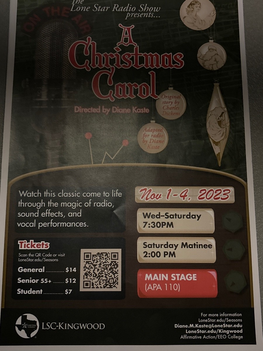 A holiday play at LSC Kingwood. Nov 14. QR code will take you t
